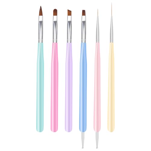 Nail Art Pinsel, 6Pcs Nail Art Malerei Werkzeuge mit Nail Art Fine Liner Pinsel, Nail Design Malerei Pinsel Set, Builder Gel Pinsel, Nail Dotting Stift für Gel Polish Maniküre Salon DIY, Multicolor