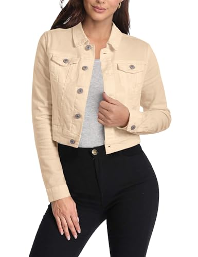 Vetinee Cropped Jean Jacket Women Trendy Button Down Lightweight Slim Fit Short Trucker Stretchy Denim Jackets Shackets
