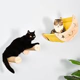 Picture of Wall Cat Bed Moon Hammock Wall Mounted Shelf with 2 Steps Climbing Sheves and Sisal Platforms Rope Scratching Post Wood Wall Furniture Bridge Ladder Wooden Indoor Cats Wall Bed-Moon Set