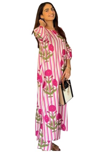 Image of LookMark Women Viscose Rayon Stripes with Floral Printed Stitched Kurta with Pant | Pink Color Kurta Set | Kurta with Pant Set for Woman | Printed Kurta Set