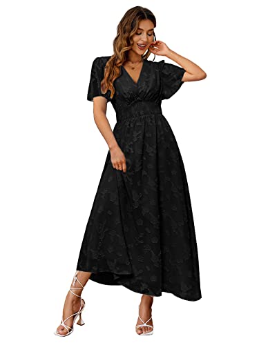 Image of Simplee Women's Boho Floral Maxi Dress Flowy Casual V Neck Short Sleeve Wedding Guest Holiday Beach Long Dress
