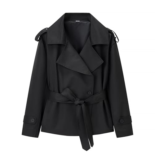 Generisch Chaqueta de entretiempo de corte corto para mujer, elegante gabardina monocolor, chaqueta clásica de primavera con cuello de solapa y tira de botones, chaqueta de entretiempo informal para