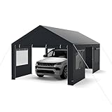 GYMAX extra großes Carport Zeltgarage, Lagerzelt mit aufrollbaren Fenstern, abnehmbaren Seitenwänden &Türen, wasserfeste PE-Plane, wetterfeste Autogarage für Auto, SUV (3.6 x 6 m,Dunkelgrau)