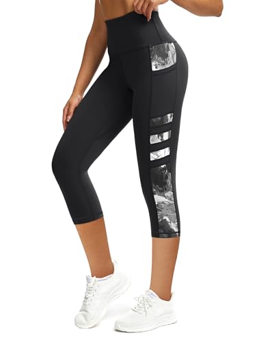 Tuspryt Sport Leggings Damen mit Taschen Blickdichte High Waist Sporthose Damen 3/4 Fitnesshose Laufhose Capri Gym Leggins M