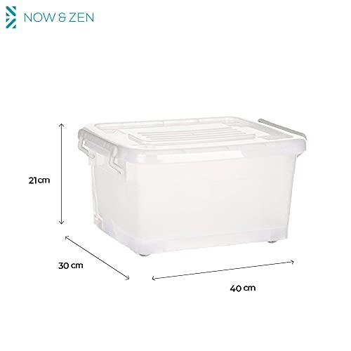 NOW & ZEN 15 Litre Large Plastic Multipurpose Stackable Storage Box with Lid, Handles, & Wheels | Dimensions: (LxWxH): (40 x 30 x 21) CM, Semi-Transparent
