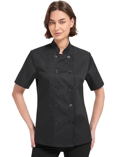 TOPTASK Chef Coat Women Short Sleeve Lightweight White Chef Jacket Uniform Women for Kitchen Restaurant Bakery (Black XL)