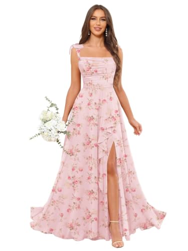 POMUYOO Spaghetti Strap Bridesmaid Dresses Pink Floral Long Chiffon Pleated Ruched Elegant Formal...