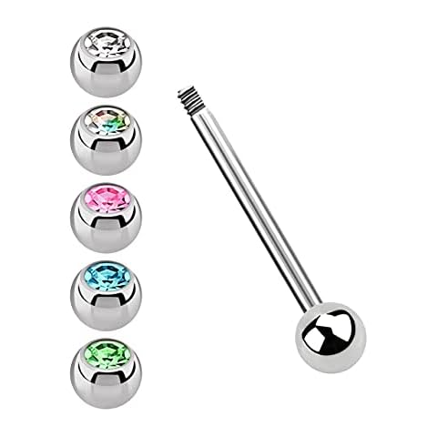 Modern Nature Piercingschmuck Titanium Tongue Piercing Set - Bar Thickness 0.06" - Selectable Bar Lengths 0.47"-0.71" - with 5 Rhinestone Balls - Titanium Cover