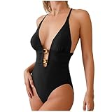 One Piece Swimsuit for Women Sexy Plunging V Neck Cutouts Bathing Suit Fashion Crisscross Back Self Tie Swimwear Black