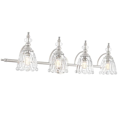Image of 4 Light Brushed Nickel Bathroom Light Fixture, Antique Vanity Light with Flower Glass Shade, Bathroom Vanity Light Over Mirror, Farmhouse Sconces Wall Lighting for Hallway Livingroom Bedroom