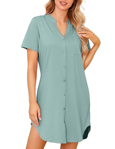 Lovasy Camison Algodon Mujer Verano Manga Corta Camison Lactancia con Botones Camisones para Mujer con Bolsillos,Verde Claro,L
