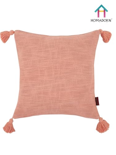 Image of HOMADORN Luxury Cotton Handmade Decorative Boho Throw Pillow Covers with Tassels for Sofa Couch Living Room Indoor Outdoor Chair Car Farmhouse (16X16 INCHES (Square), Peach (Pack of 2))