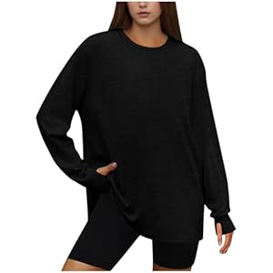 Gym Tops for Women Oversized Workout Top Loose Long Sleeve Athletic Shirt with Thumb Hole Crew Neck Fitness Training Running Top Yoga Tee Shirt Ladies Casual Pullover Blouses