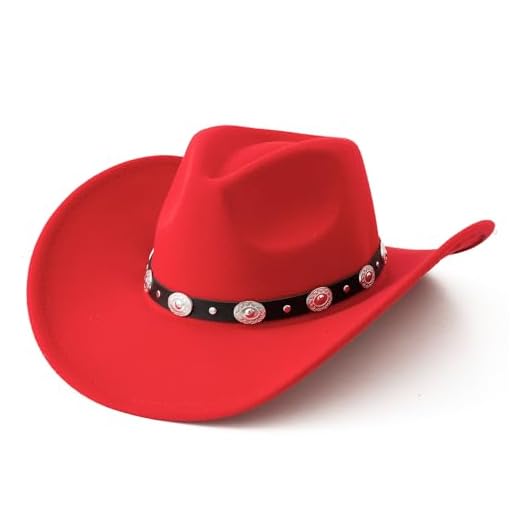 Lanzom Women Men Felt Wide Brim Western Cowboy Hats Belt Buckle Panama Hat (Red, Medium)