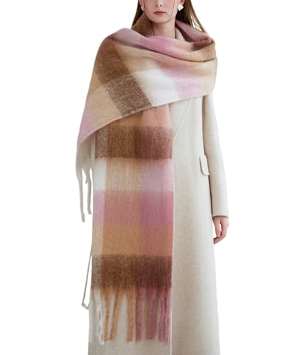 TYHOTULY Chunky Scarf for Women Winter Plaid Thick Warm Long Shawl Wraps Cold Weather Big Christmas Fashion Blanket Scarves (Brown Pink Khaki 21)