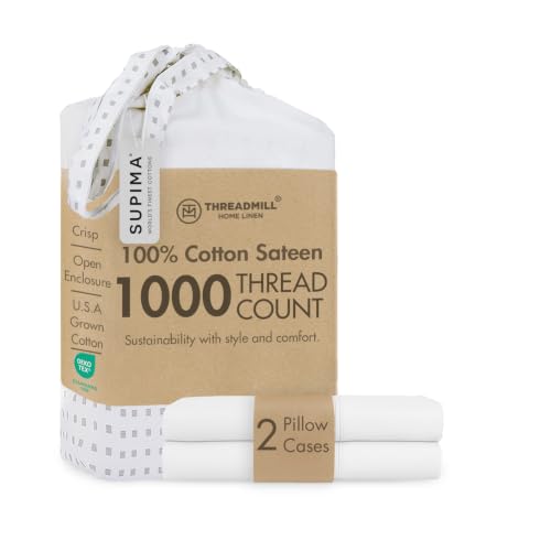 Threadmill Home Linen 1000 Thread Count 100% Supima Cotton Sheets Set of 2 Standard Pillow Cases, Luxury Smooth Solid Sateen, Hotel White -