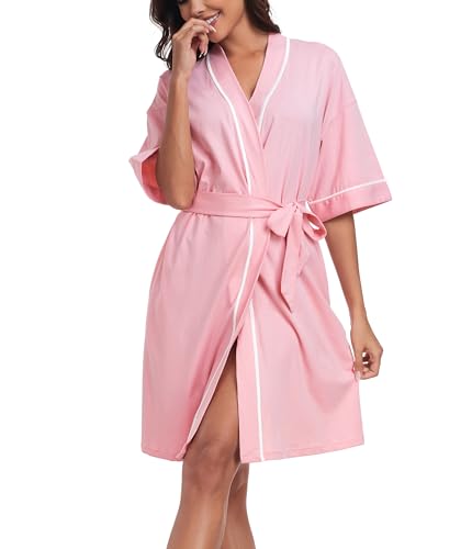 Image of ANLIQI Womens 100% Cotton Robes Lightweight Summer Short Sleeve Lady Bathrobe Knee Length Kimono Robe Sleepwear with Pockets