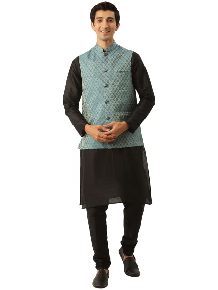 (Since 1958 Men's Silk Blend Black Kurta Pyjama & Maroon Self Design Nehru Jacket Combo
