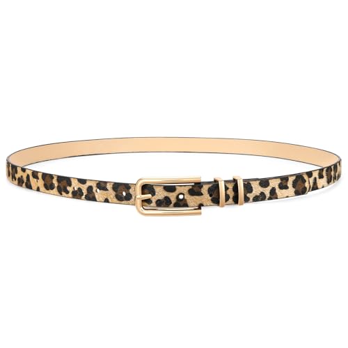 JASGOOD Womens Skinny PU Leather Belt Thin Waist Belt with Gold Buckle for Jeans Pants Dresses 0.7(Leopard)