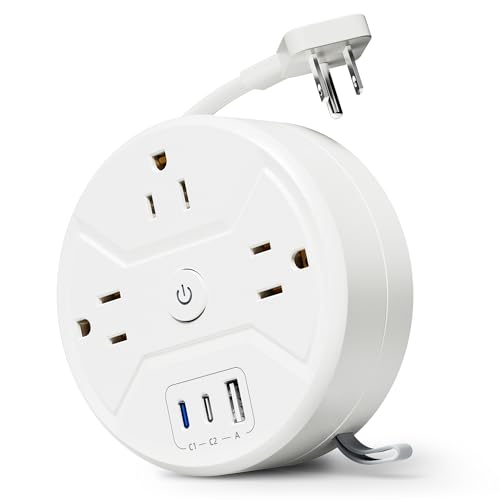 35W Travel Power Strip with 5ft Retractable Extension Cord, SUPERDANNY Portable 3-AC & 3-USB Fast Charging Station for Home Office, Business Travel, Trip, Cruise, No Surge Protector, White