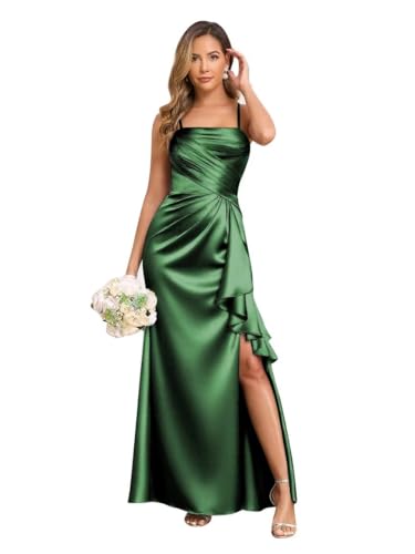 MYDRESS Pleated Satin Bridesmaid Dresses for Wedding Spaghetti Straps Bodycon Ruffled Evening Formal Gown