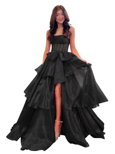 Women’s Tiered Tulle Prom Dresses Long Ball Gown Bow Ruffle Strapless Corset Sparkly Formal Evening Dress with Slit