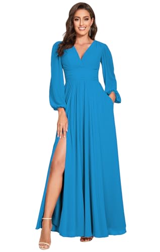 Women's V-Neck Bridesmaid Dresses with Long Sleeves Split Pleats Chiffon Formal Evening Party Dress for Wedding VT001