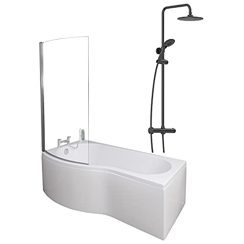 Image of 1700 x 900mm Left Hand P-Shaped Curved Shower Bath Bathroom Bathtub Glass Shower Screen Front Panel & Thermostatic Mixer Shower Set Handheld Black Round Rainfall Head
