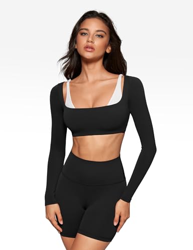 Womens Square Neck Long Sleeve Crop Top Workout Athletic Yoga Basic Tee Bandeau Fitted T-Shirt with Built in Bra3