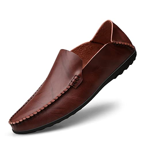 Mens Loafers Genuine Leather Stitching Details Round Toe Rubber Sole Simple Comfortable Flat Heel Anti-Slip Outdoor Slip-on