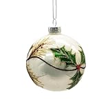 Viron Set 6 Palle di Natale Pendenti in Vetro Soffiato Bianco Lucido con Decoro Floreale Vischio Diametro 10 cm