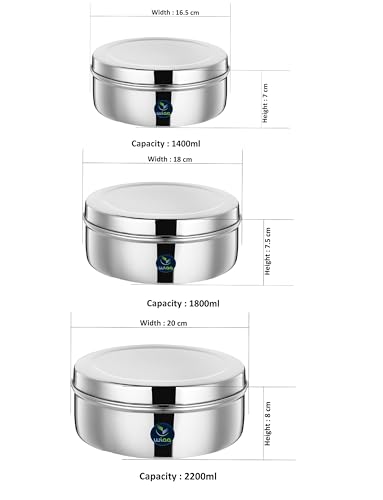 Image of Stainless Steel Puri Dabba Set - Large Size | Set of 3 Kitchen Storage Containers | Heavy Gauge Food Storage Canisters | 16.5 cm, 18 cm, 20 cm | 2.2L, 1.8L, 1.5L | Ideal for Indian Kitchen