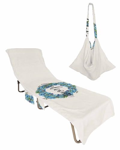 Blue Flower Wreath Beach Pool Patio Lounge Chaise Chair Cover Towel with Pockets,Absorbent & Quick Dry Microfiber Towel Cover Bag Summer Travel Accessories for Sunbathing Weclome Floral Rural Burlap
