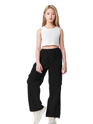 Image of HENGAO Girls Cargo Pants Parachute Casual Jogger Y2K 5-14 Years | Kids Baggy pants Parachute, Drawstring, with Pockets, Elastic High Waist, Loose Trousers Streetwear