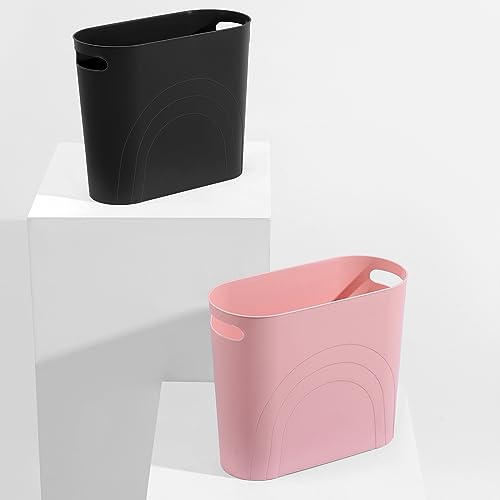 Image of rejomiik Small Trash Can, 3.5 Gallon Slim Garbage Can Plastic Waste Basket with Handles Container Bin for Narrow Spaces Bathroom, Bedroom, Kitchen, Office at Home, Rosette Pink