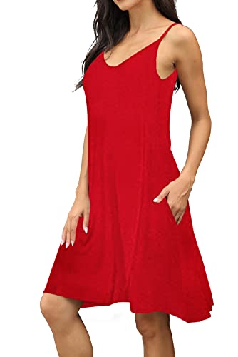 Image of Women's Summer Spaghetti Strap Casual Swing Tank Beach Cover Up Dress with Pockets