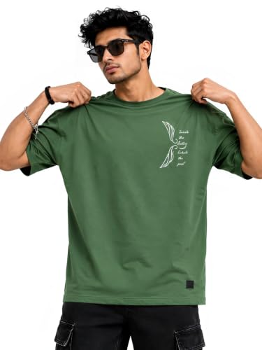 Image of BEARION CO Masked Angel Oversized 240 GSM T-Shirt for Men | Graphic Streetwear Tee with Puff Work - (Winged Spirit) Olive Green