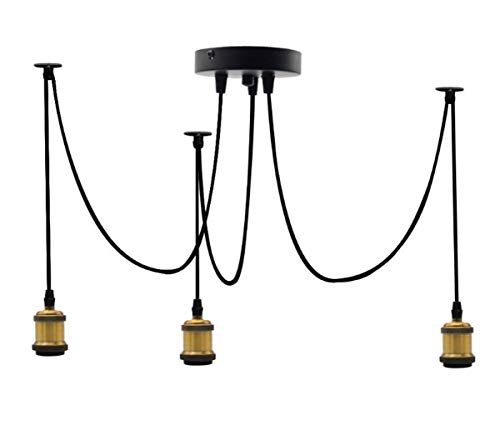 Icole Plafonnier industriel vintage avec 3 ampoules E27 - 100 cm - Câble flexible tressé noir