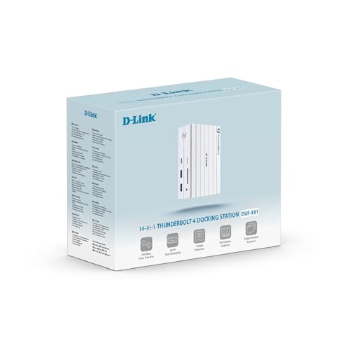 D-Link DUF-E01 Station d’Accueil Thunderbolt 4 14-en-1 – Triple Écran 8K, 40Gbps, Charge PD 60W, HDMI 2.1, DP 1.4, Ethernet Gigabit, SD/microSD, Audio, Ports USB-C & USB-A, pour Mac, Windows & Android