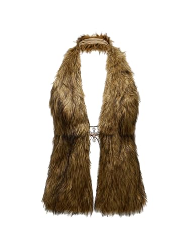 WDIRARA Womens Plus Size Faux Fur Halter Top Tie Backless Sleeveless Fuzzy Tank Tops Rave Party Y2k Brown XX-Large Plus