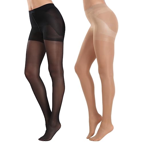 Image of MANZI 2 Pairs Women's Sheer Tights 40D High Waist Control Top Pantyhose Thigh High Stockings with Reinforced Toes