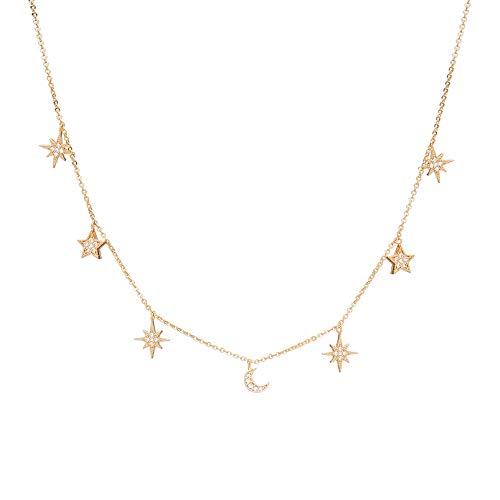 Brandlinger Collar Mujer Plata Bañado En Oro, Cadena Plata Con Colgantes Luna Y Estrella De Circonitas Blancas Brandlinger Collar Mujer Plata Bañado En Oro, Cadena Plata Con Colgantes Luna Y Estrella De Circonitas Blancas