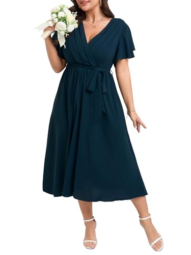 Womens Plus Size Dress Wedding Guest Cocktail Pleated V Neck Faux Wrap V Neck Flowy A Line Midi Dresses with Belt