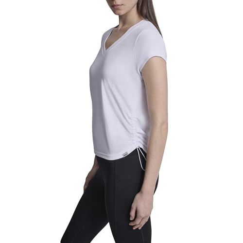 Image of DKNY Women's Short Sleeve V-Neck Tech Ruched Side Seam Active T-Shirt