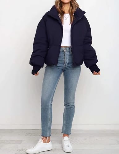 Gihuo Damen Winter Cropped Puffer Jacke Mantel Kurz Warm Steppjacke, Marineblau, S
