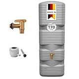 4rain Quadro Regentonne Komplett-Set 170 Liter Betongrau – Wassertank mit Kunststoff-Auslaufhahn + Fallrohranschluss – Platzsparender Wandtank, Frostsichere Regenwassertonne/Wasserfass für Garten