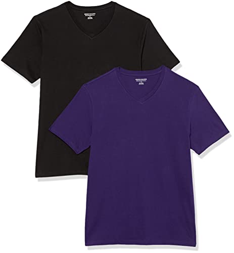 Amazon Essentials Camiseta de manga corta ajustada con cuello en V para hombre, paquete de 2, negro/morado oscuro, talla XS