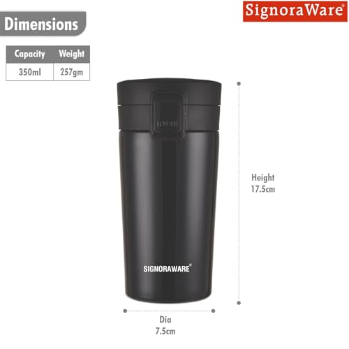 Image of Signoraware Hot Pour Coffeemate Stainless Steel Insulated Mug | 8 Hours Hot & Cold Drinks | Best for Coffee, Tea, Milk & Juices | Giftable | Great for Office, Home & Outdoor use (350ml | Black)