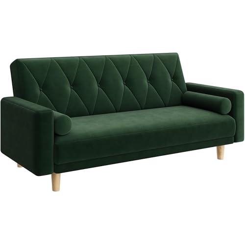 Image of Yaheetech Convertible Sofa Bed Fabric Sofa Couch Click Clack Modern Sleeper Sofa Settee with 2 Bolster Pillows for Living Room/Guest Room Green
