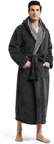 Akakios Mens Warm Fleece Robe with Hood Soft Plush Robes Full Length Long Luxurious Bathrobe with Pockets, Big and Tall Bath Robe for Men (L, Dark Gray)